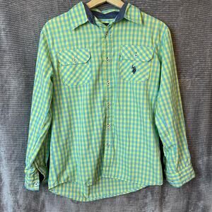US POLO ASSN Blue Yellow Gingham Pattern Buttondown  Sz14/16 Preppy Casual Basic